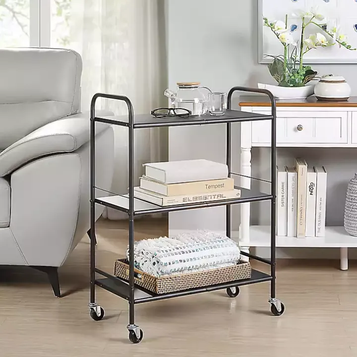Wide Black Metal 3-Tier Storage Cart
