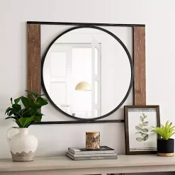 Wood and Metal Framed Round Industrial Mirror