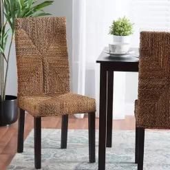 Woven Banana Fiber and Mahogany Dining Chair