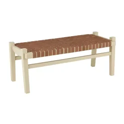 Woven Camel Leather Natural Wood Bench
