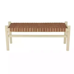 Woven Camel Leather Natural Wood Bench