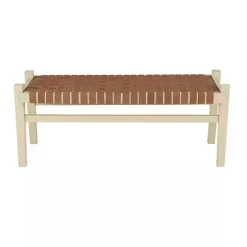 Woven Camel Leather Natural Wood Bench