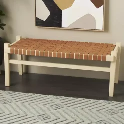 Woven Camel Leather Natural Wood Bench