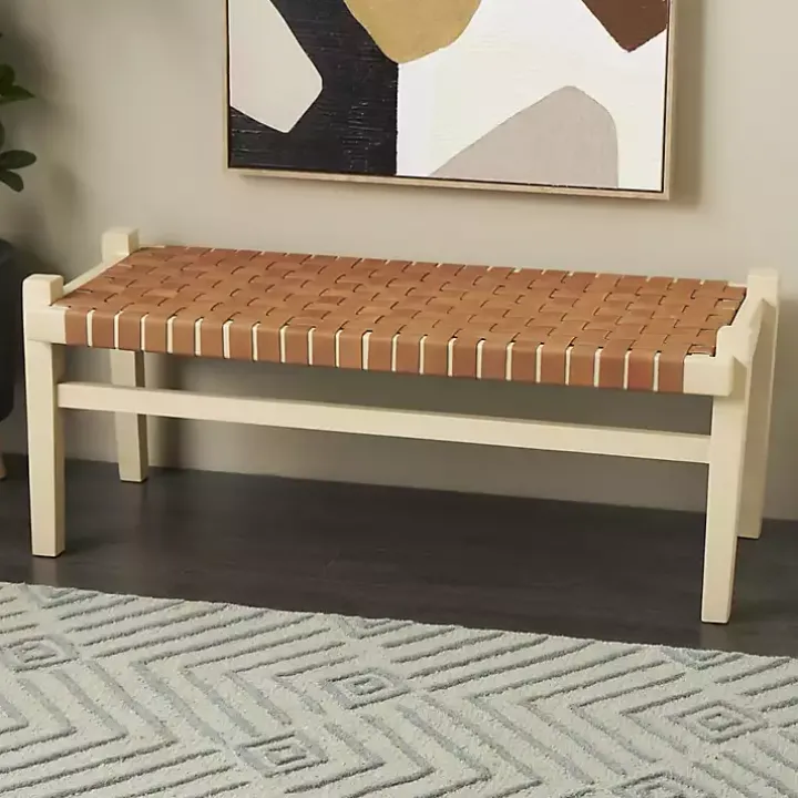 Woven Camel Leather Natural Wood Bench