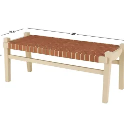 Woven Camel Leather Natural Wood Bench