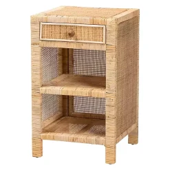 Woven Rattan and Mahogany Wood Nightstand