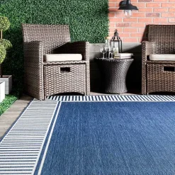 Asia Blue Stripe Border Outdoor Rug, 5x8