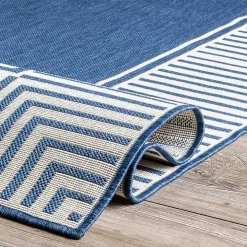 Asia Blue Stripe Border Outdoor Rug, 5x8