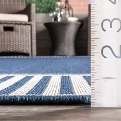 Asia Blue Stripe Border Outdoor Rug, 5x8