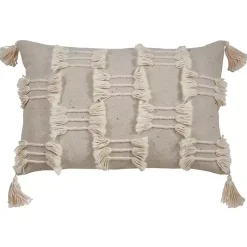 Beige Frayed Tassel Lumbar Pillow
