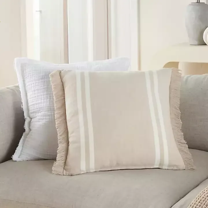 Beige Striped Linen Throw Pillow