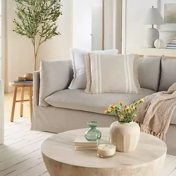 Beige Striped Linen Throw Pillow