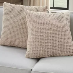 Beige Waffle Knit Chenille Throw Pillows, Set of 2