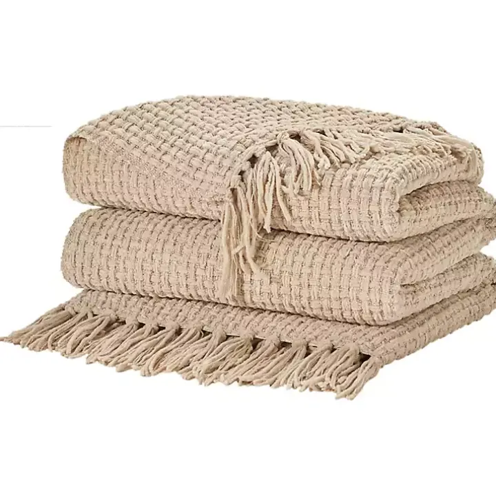 Beige Woven Waffle Knit Chenille Throw