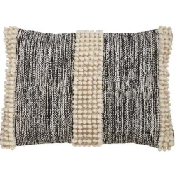 Black and Natural Pom Pom Stripe Lumbar Pillow