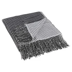 Black and White Waffle Knit Fringe Throw