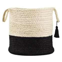 Black and White Woven Basket with Tassel, 19 in.
