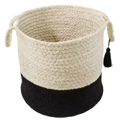 Black and White Woven Basket with Tassel, 19 in.