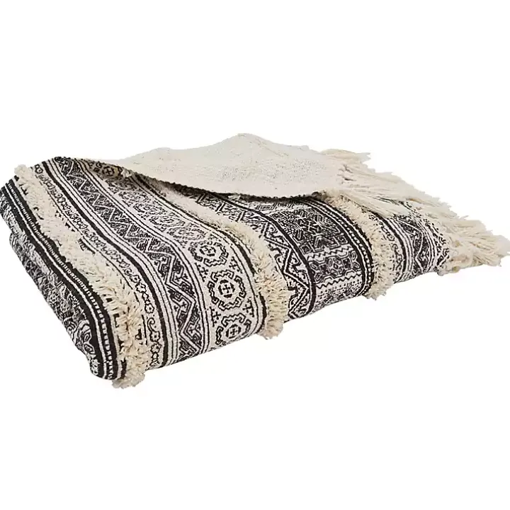 Black Beige Block Print Throw Blanket
