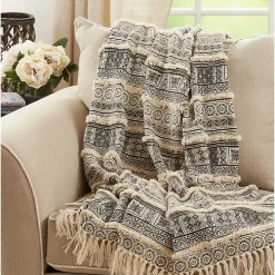 Black Beige Block Print Throw Blanket