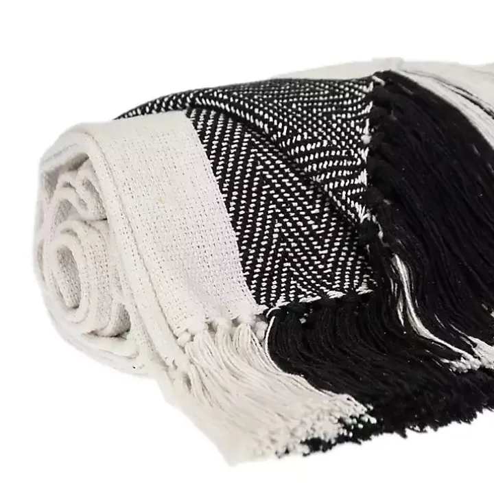 Black Chalet Striped Fringe Throw