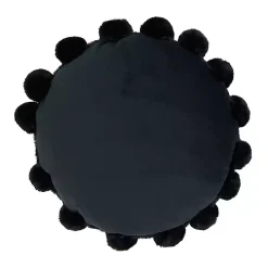 Black Faux Fur Round Pom Pom Throw Pillow
