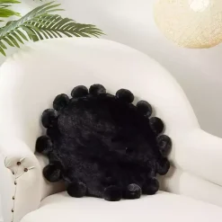 Black Faux Fur Round Pom Pom Throw Pillow