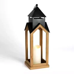 Black Metal & Natural Wood Steeple Lantern, 30 in.