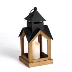 Black Metal & Natural Wood Steeple Lantern, 17 in.