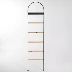Black Metal & Natural Wood Ladder with Hooks
