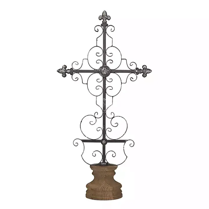 Black Metal Ornate Cross Tabletop Sculpture