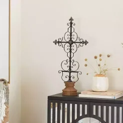 Black Metal Ornate Cross Tabletop Sculpture