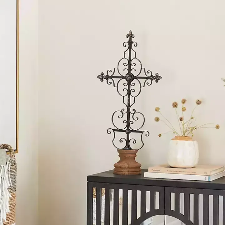 Black Metal Ornate Cross Tabletop Sculpture