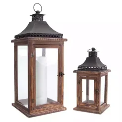 Black Metal Top Wood Lanterns, Set of 2