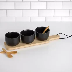 Black 3-pc. Dip Bowl Set with Bamboo Tray