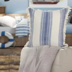 Blue and Cream Striped Accent Pillow