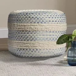 Blue and Cream Textured Stripe Pouf