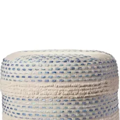 Blue and Cream Textured Stripe Pouf