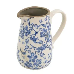 Blue and Ivory Floral Ceramic Pitcher Vase