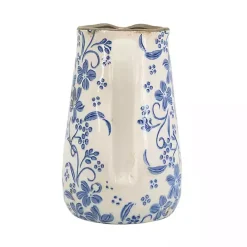 Blue and Ivory Floral Ceramic Pitcher Vase