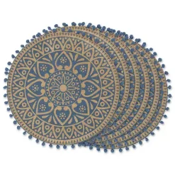Blue and Natural Print Round Placemats, Set of 6