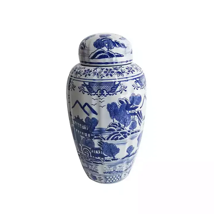 Blue and White Ceramic Chinoiserie Jar