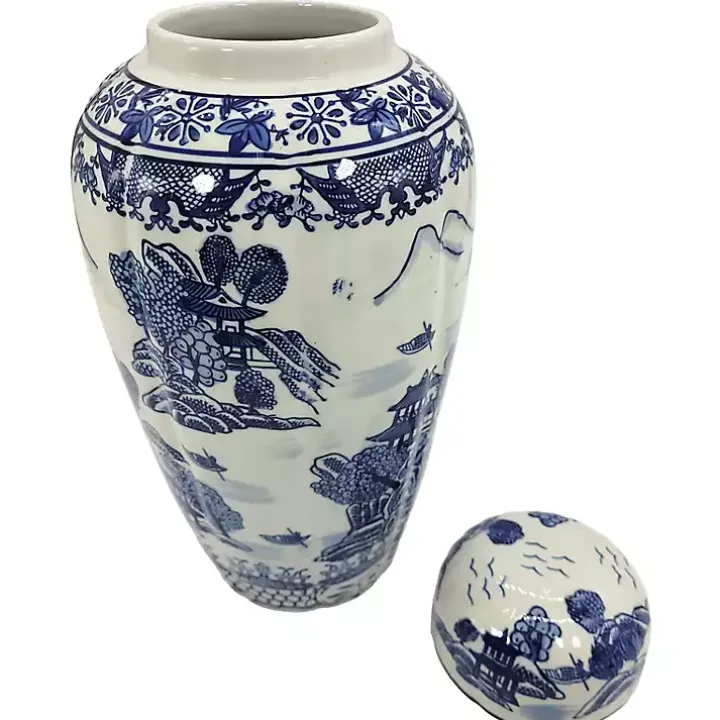 Blue and White Ceramic Chinoiserie Jar