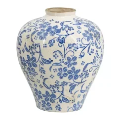 Blue and White Floral Urn Ceramic Vase, 10 in.