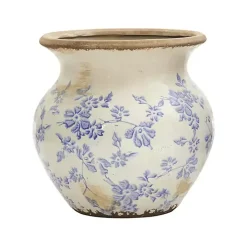 Blue Bulous Floral Scroll Ceramic Vase, 7 in.