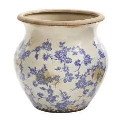 Blue Bulous Floral Scroll Ceramic Vase, 10 in.