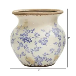 Blue Bulous Floral Scroll Ceramic Vase, 7 in.