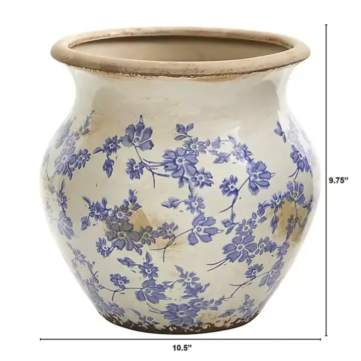 Blue Bulous Floral Scroll Ceramic Vase, 10 in.