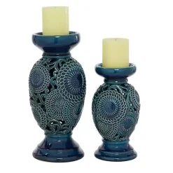 Blue Ceramic Tiered Base Candle Holders, Set of 2