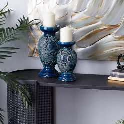 Blue Ceramic Tiered Base Candle Holders, Set of 2
